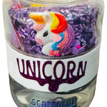 Scattered Slime Unicorn Slime Kit, front view showing unicorn head charm, purple mix-ins and clear slime