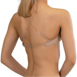 Pozewear V-Neck Padded Bra in Nude, back view showing clear back band and adjustable clear straps