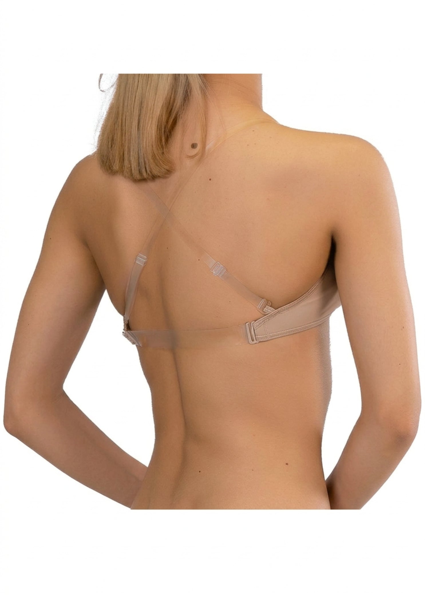 Pozewear V-Neck Padded Bra in Nude, back view showing clear back band and adjustable clear straps