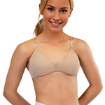 Pozewear V-Neck Padded Bra in Nude, front view showing padded cups, deep V-neckline and clear straps