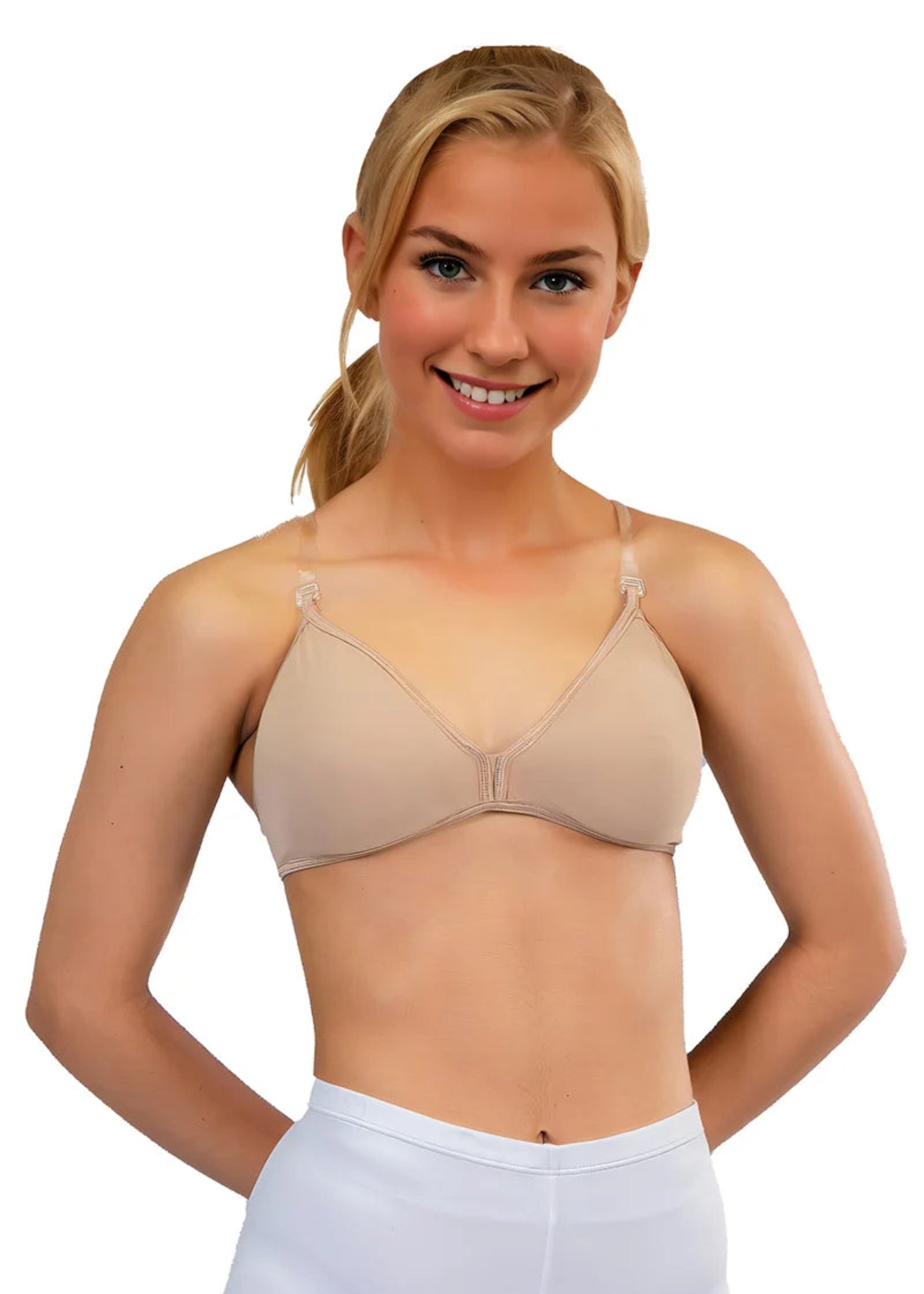 Pozewear V-Neck Padded Bra in Nude, front view showing padded cups, deep V-neckline and clear straps