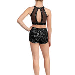 Bloch V Front Print Short in Black, back view showing nylon-spandex fabric, floral print and fitted silhouette