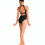 Danznmotion Valentina Halter Leotard in Black, back view showing open back with triple halter straps and horizontal cutout bar