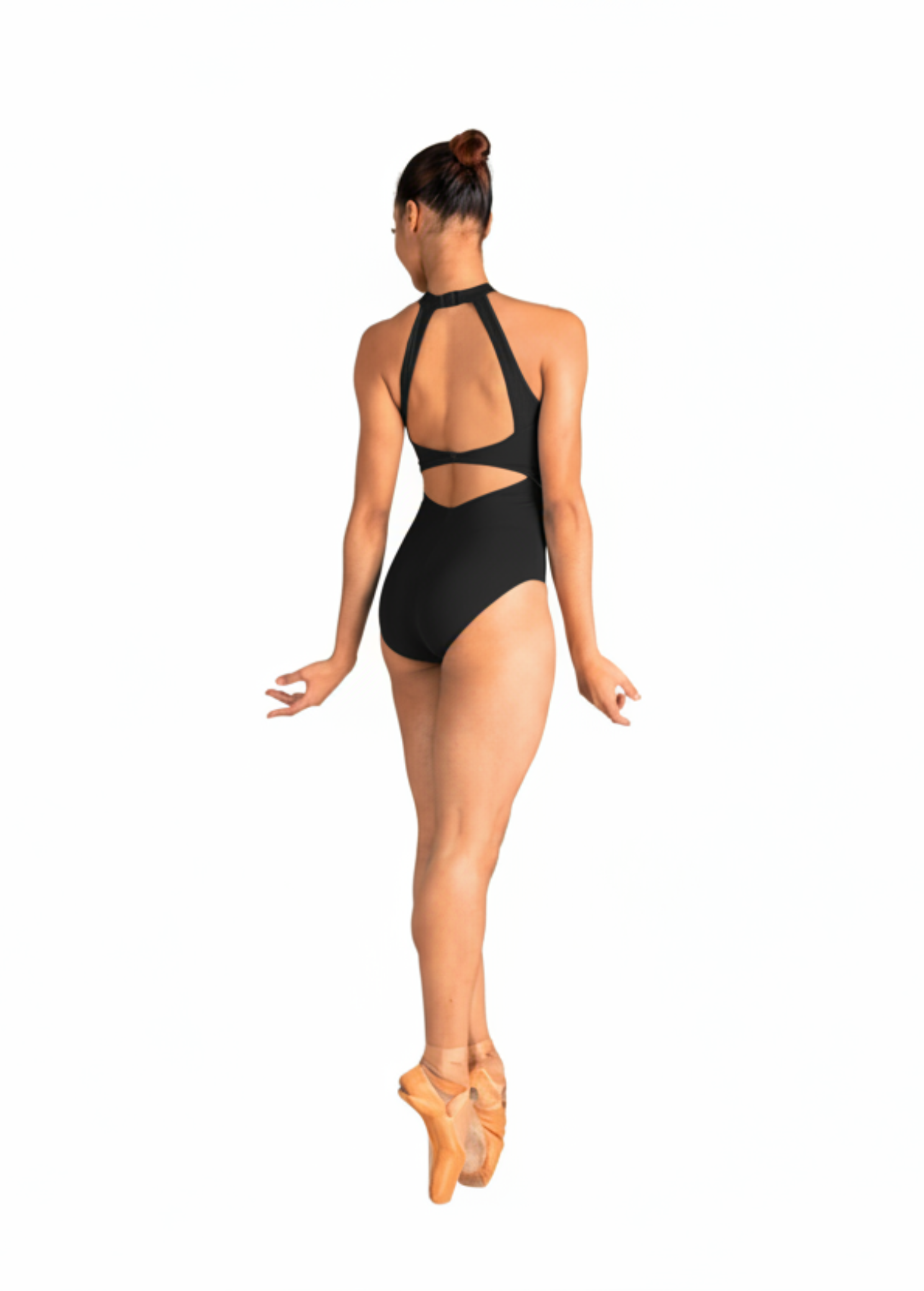 Danznmotion Valentina Halter Leotard in Black, back view showing open back with triple halter straps and horizontal cutout bar
