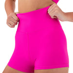 Every Turn Venus Foldover Short in Pink Cosmos, detail view showing tall foldover waistband and flatlock seams