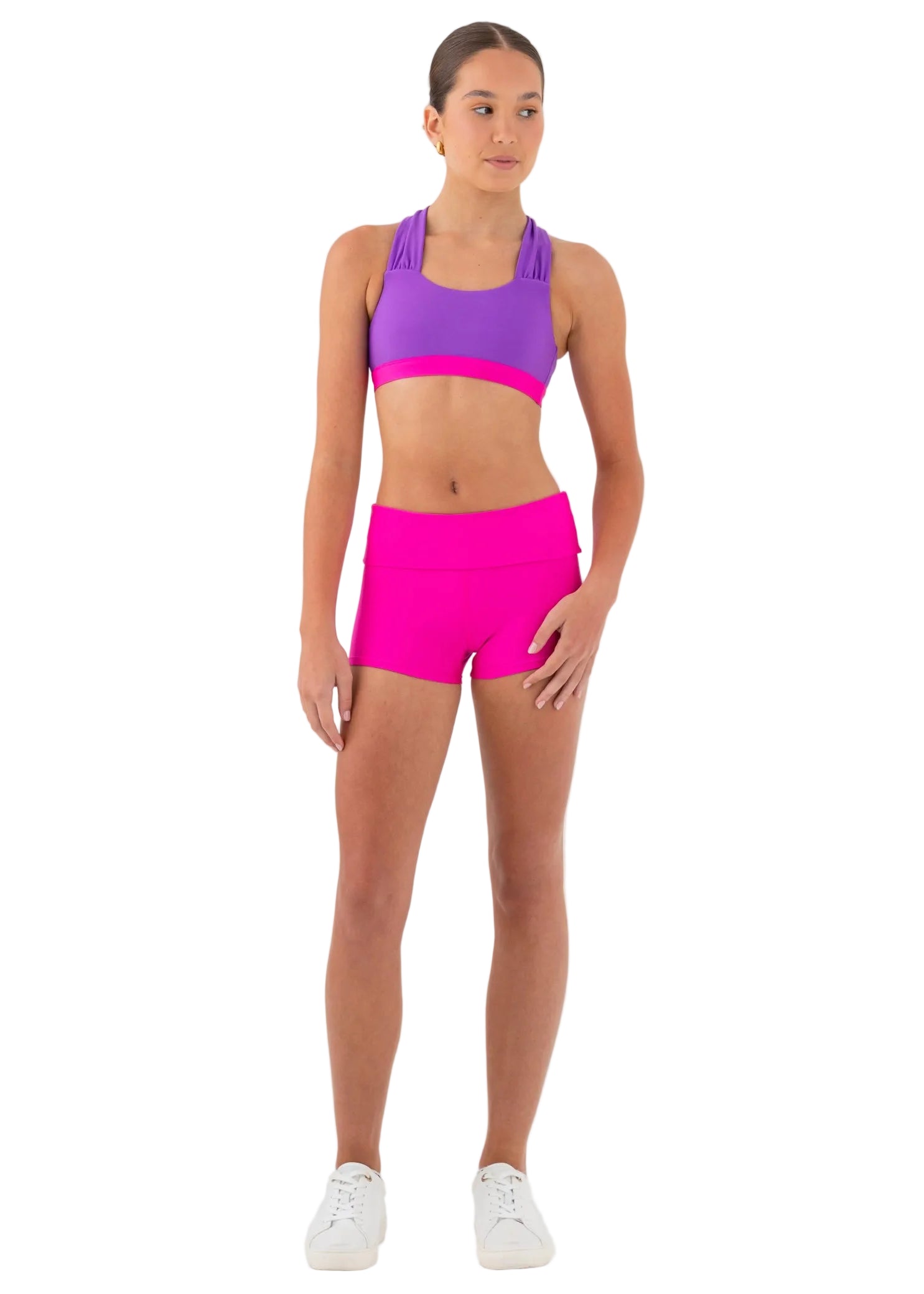 Every Turn Venus Foldover Short in Pink Cosmos, front view showing polyester-elastane fabric and high-rise waist