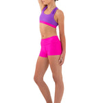 Every Turn Venus Foldover Short in Pink Cosmos, side view showing folded waistband and polyester-elastane fabric