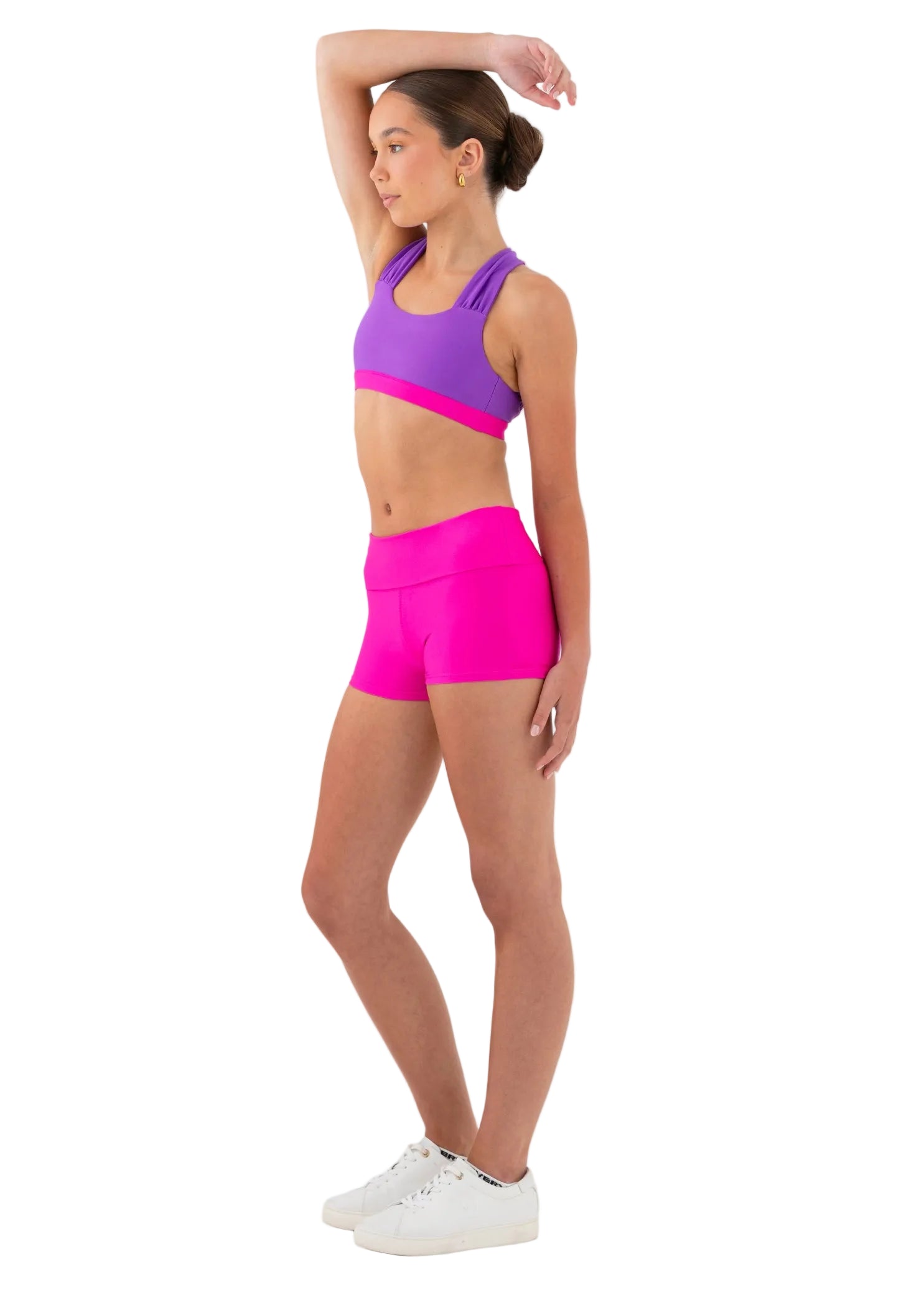 Every Turn Venus Foldover Short in Pink Cosmos, side view showing folded waistband and polyester-elastane fabric