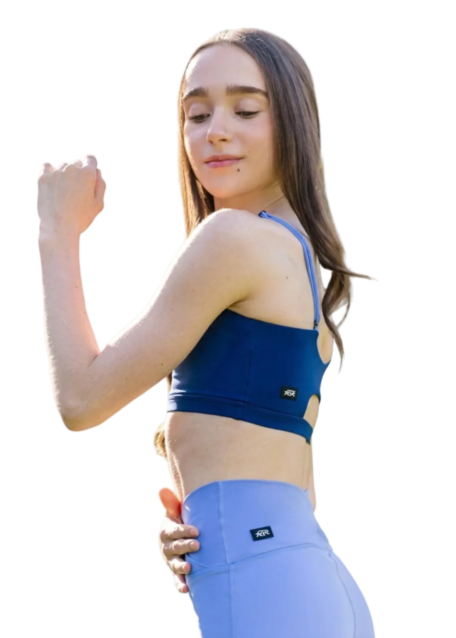 Tiger Friday Vita Crop in Starlight, side view showing asymmetrical neckline and adjustable strap
