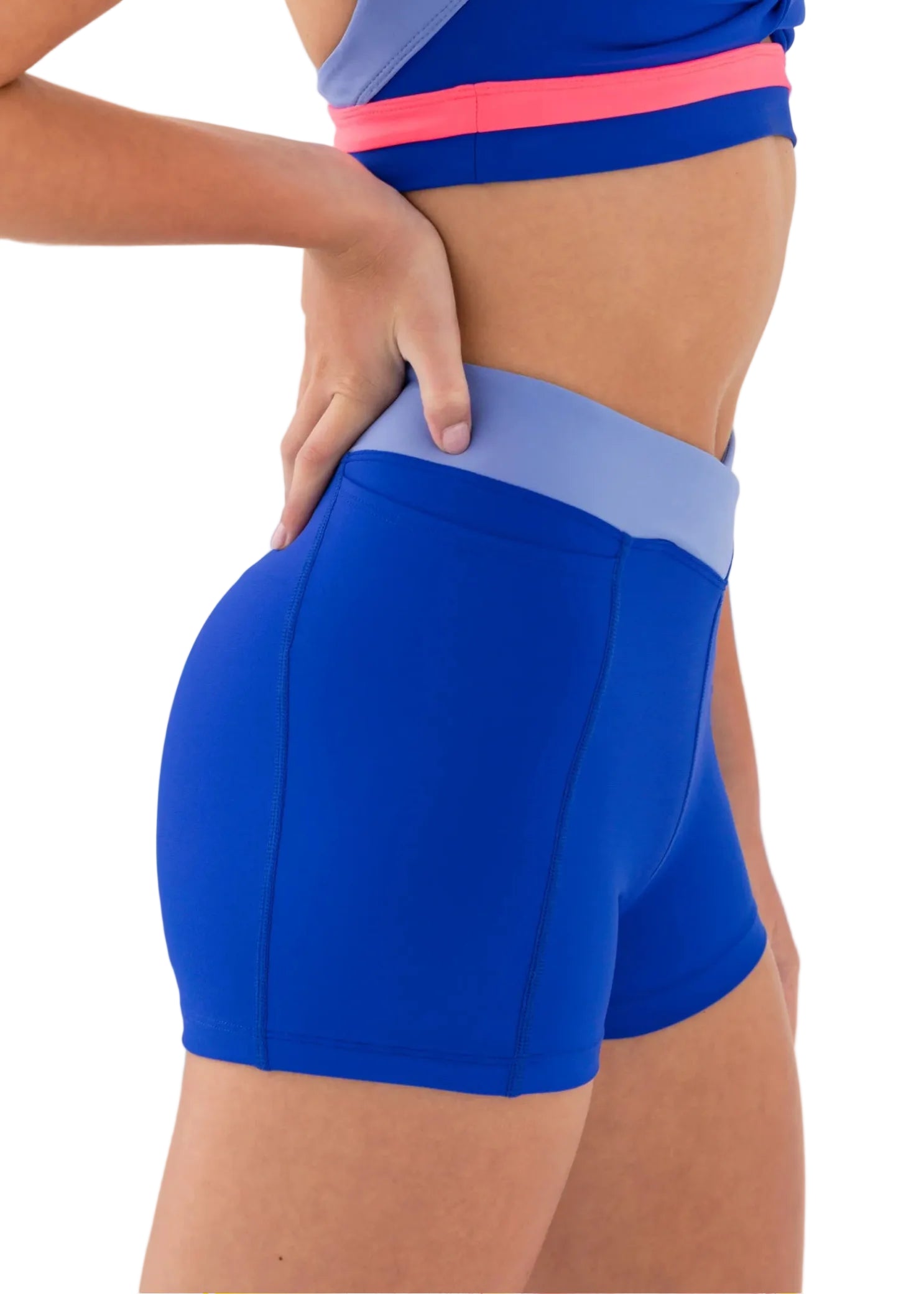 Every Turn Volley Short in Cobalt, detail view showing high-waist short with periwinkle V-waistband detail