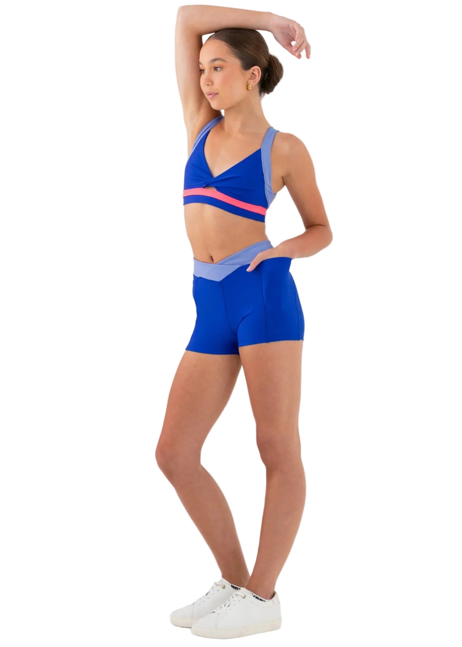 Every Turn Volley Short in Cobalt, side view showing high-waist short with periwinkle V-shaped scontrast waistband