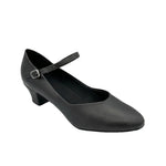 So Danca Artificial Leather Von Character Shoe in Black, angled front view showing sculpted vamp and buckle strap