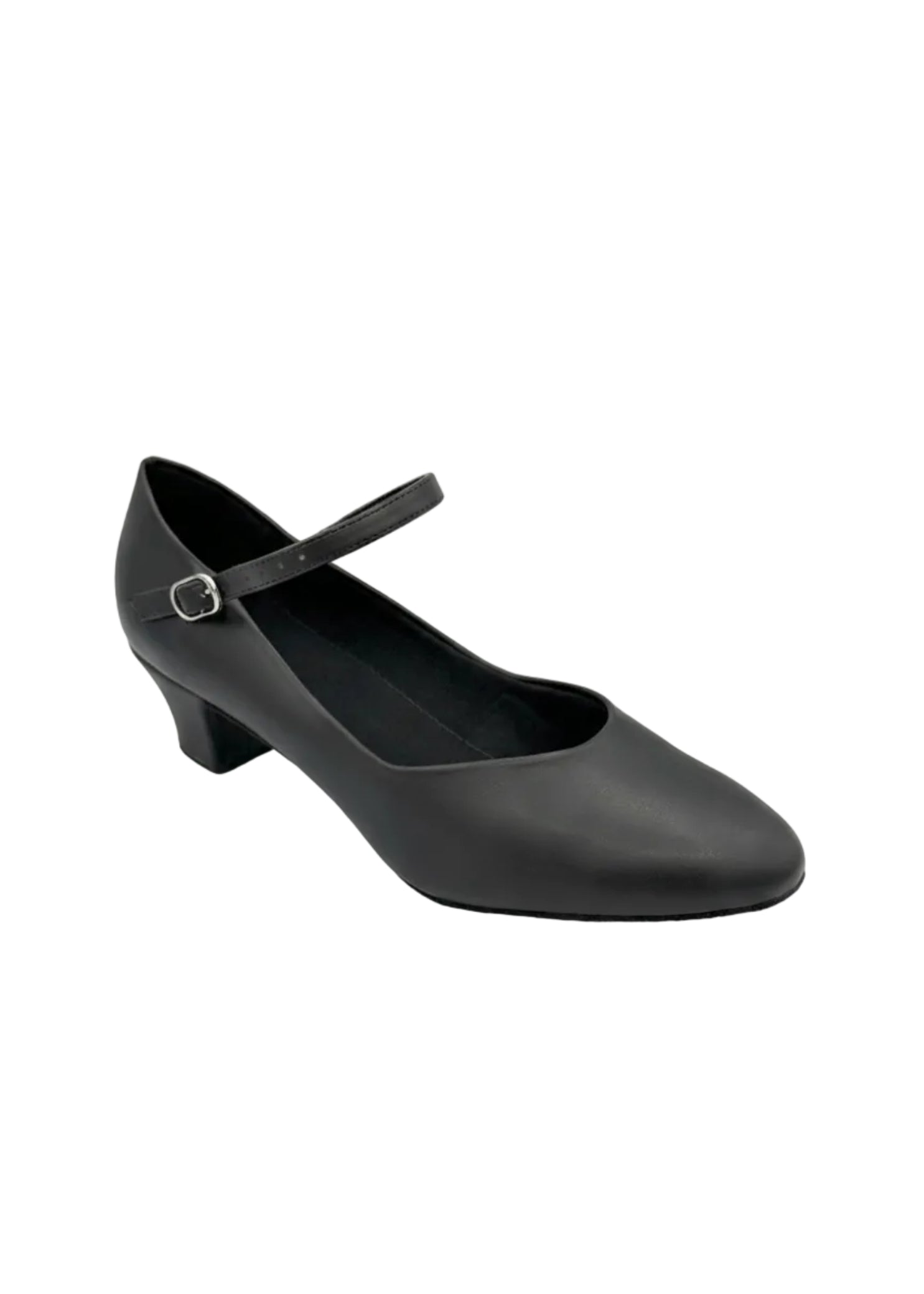 So Danca Artificial Leather Von Character Shoe in Black, angled front view showing sculpted vamp and buckle strap