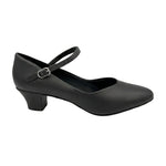 So Danca Artificial Leather Von Character Shoe in Black, lateral side view showing buckle strap and 1.5-inch heel