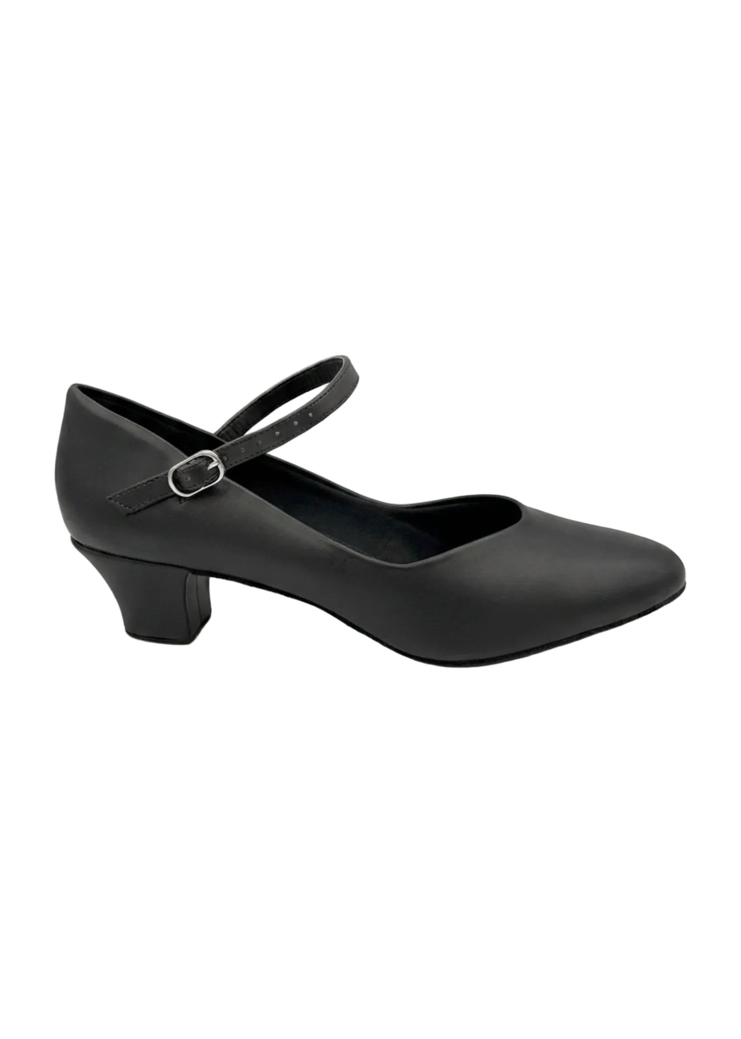 So Danca Artificial Leather Von Character Shoe in Black, lateral side view showing buckle strap and 1.5-inch heel