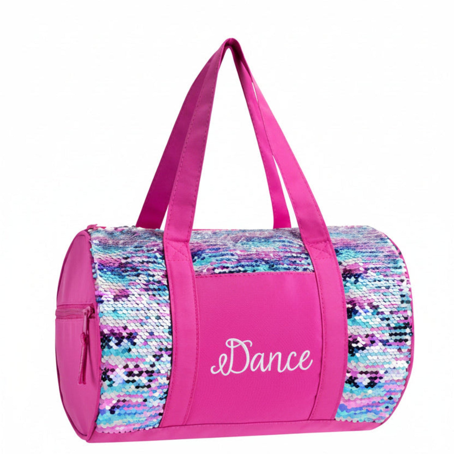 Horizon Designs striped sequin dance duffel in pink, front view showing horizontal sequin stripe pattern, zip closure, and dual top handles