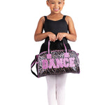 Danznmotion Wild About Dance Duffel in Pink, lifestyle view showing leopard print exterior and glitter DANCE lettering