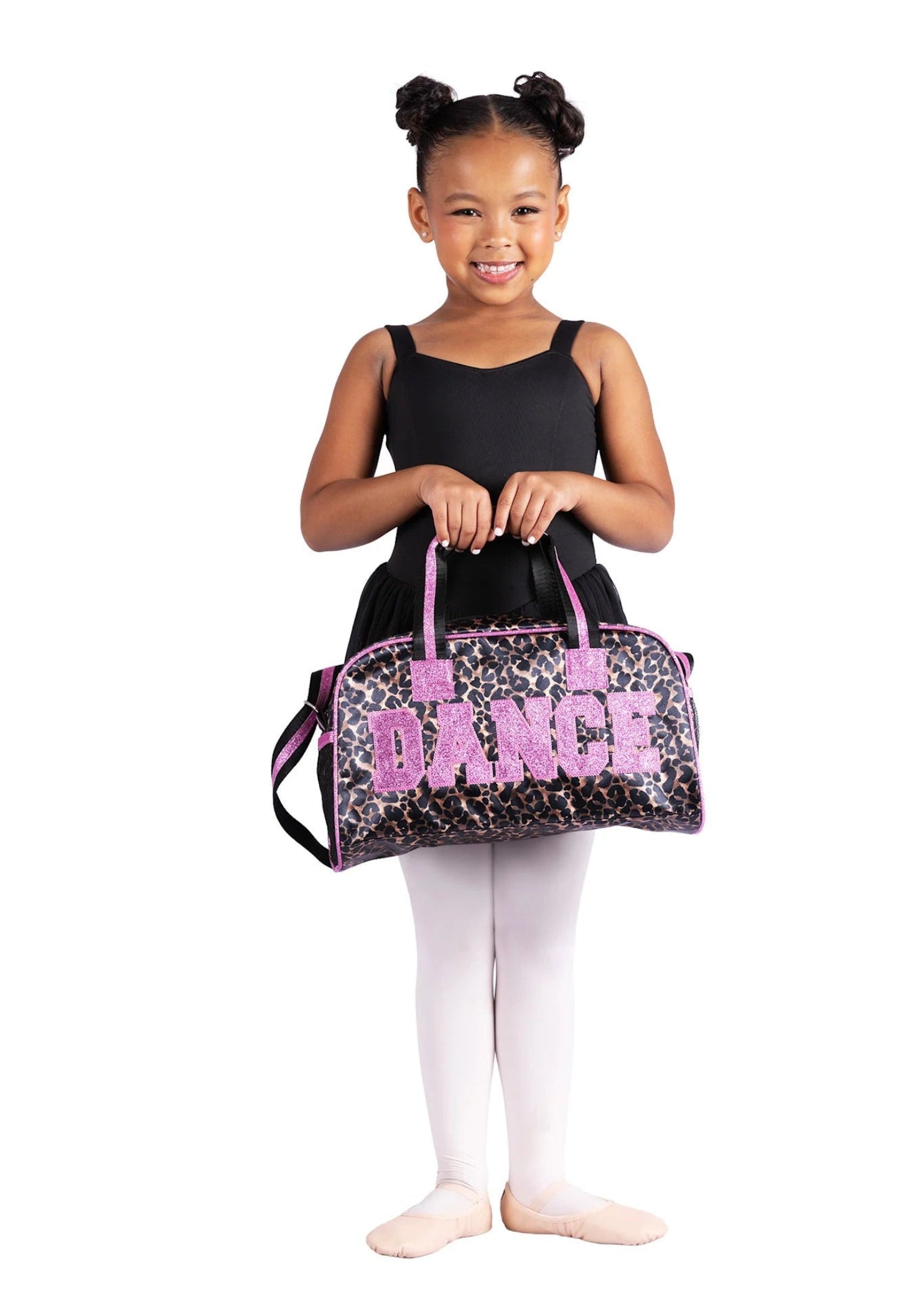 Danznmotion Wild About Dance Duffel in Pink, lifestyle view showing leopard print exterior and glitter DANCE lettering