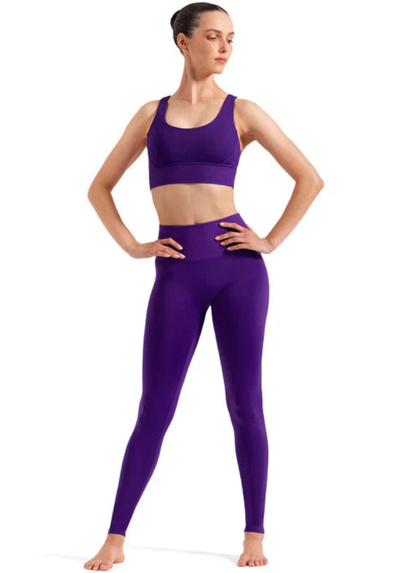 Bloch X-Back Crop Top in Midnight Amethyst, front view showing cropped scoop-neck bra with wide front panel and thick straps