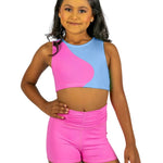 XO Dance Company Ying Yang Top in Bubblegum, front view showing cropped racerback with yin-yang colorblock in pink and blue