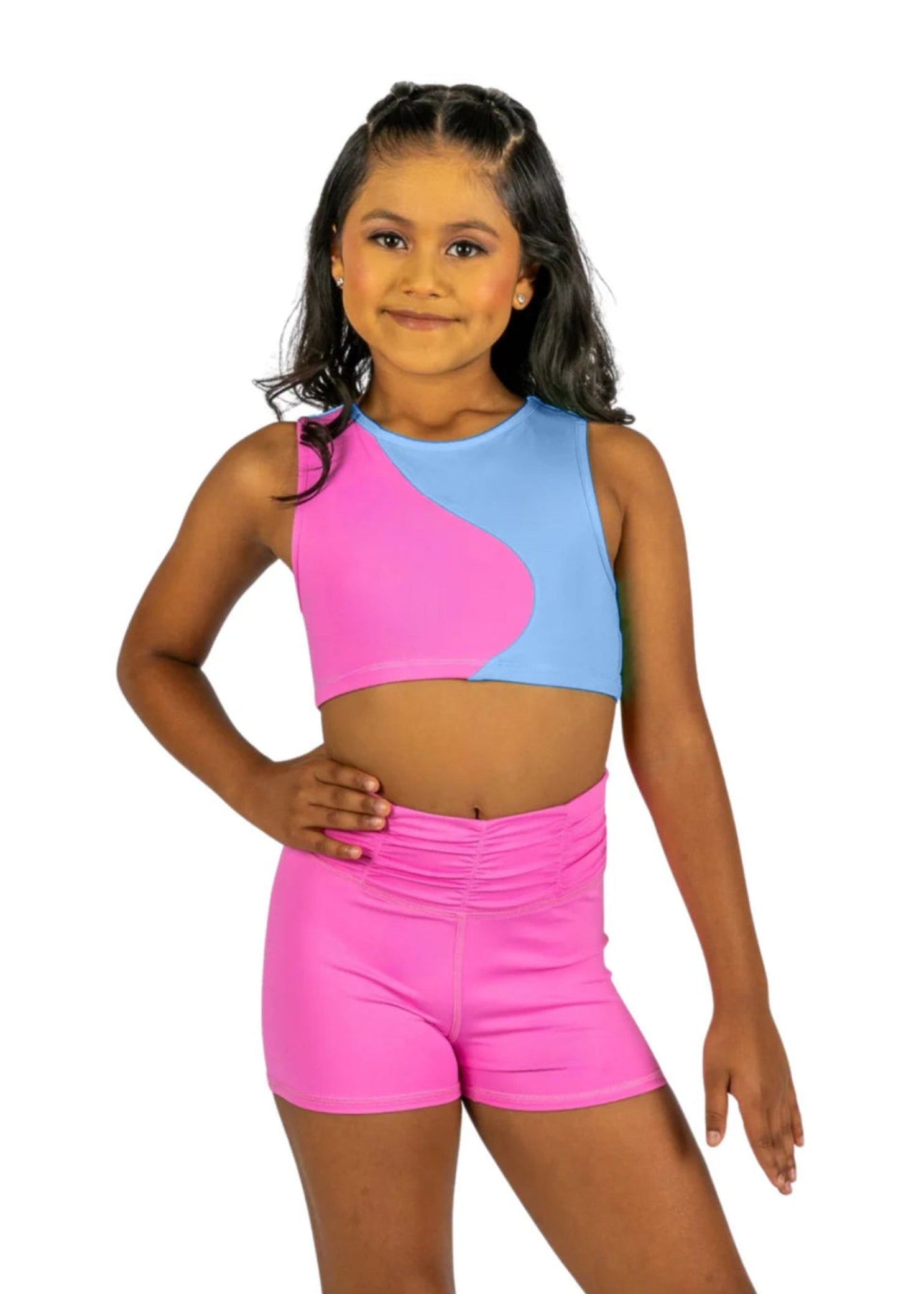 XO Dance Company Ying Yang Top in Bubblegum, front view showing cropped racerback with yin-yang colorblock in pink and blue