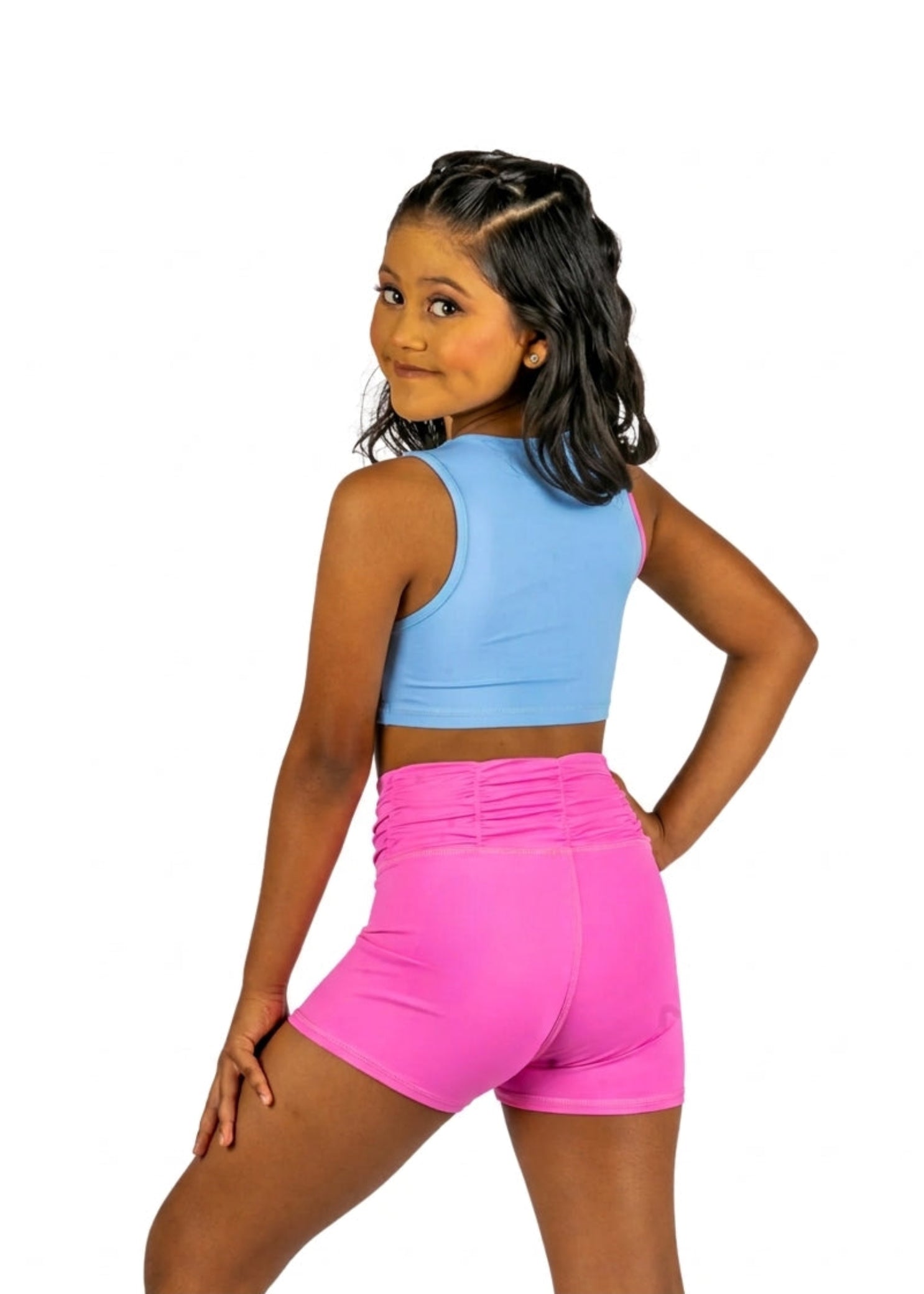 XO Dance Company Nylon/Spandex Ying Yang Top in Bubblegum, back view showing full back and cropped fit