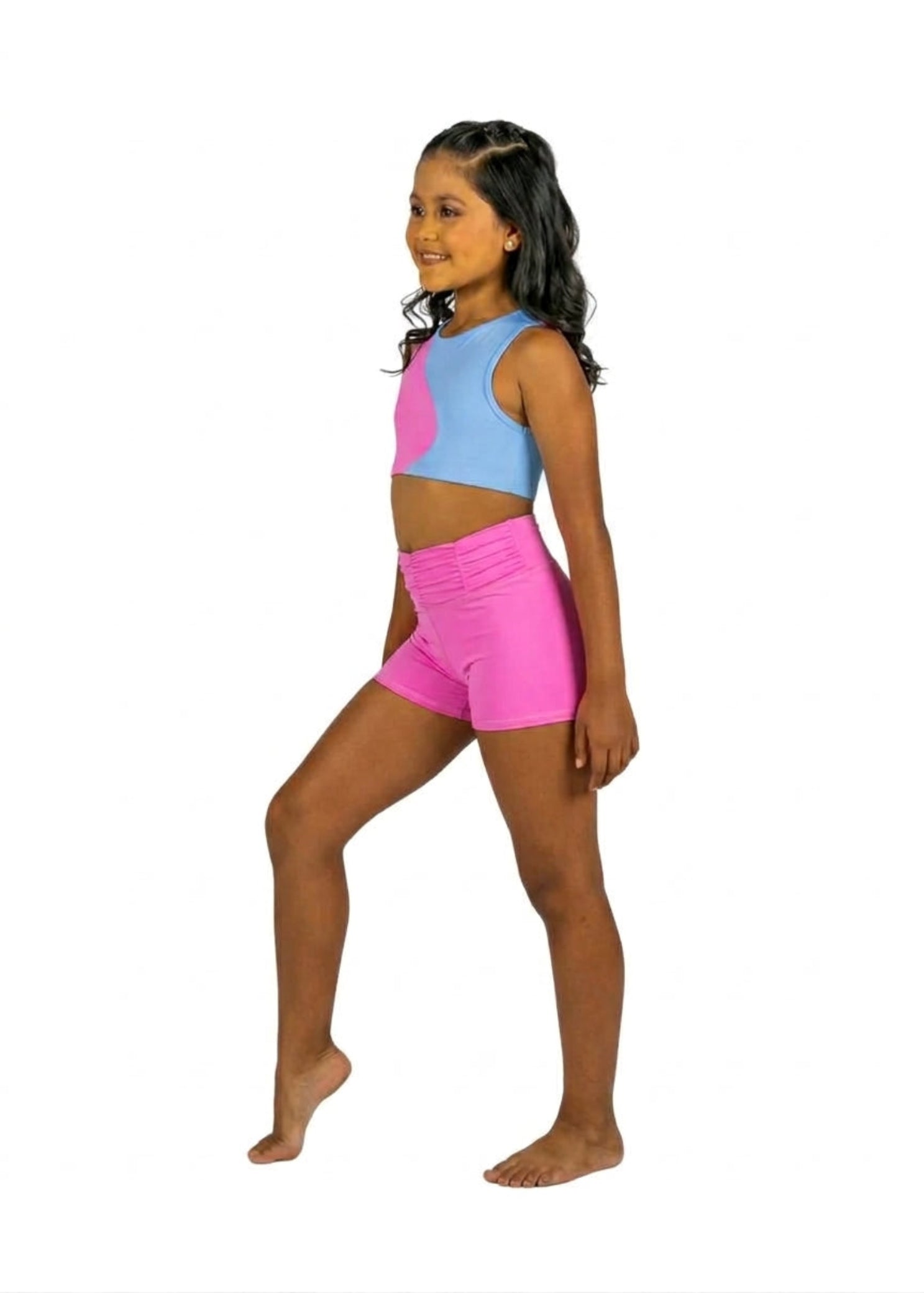 XO Dance Company Nylon/Spandex Ying Yang Top in Bubblegum, side view showing color blocking and cropped fit