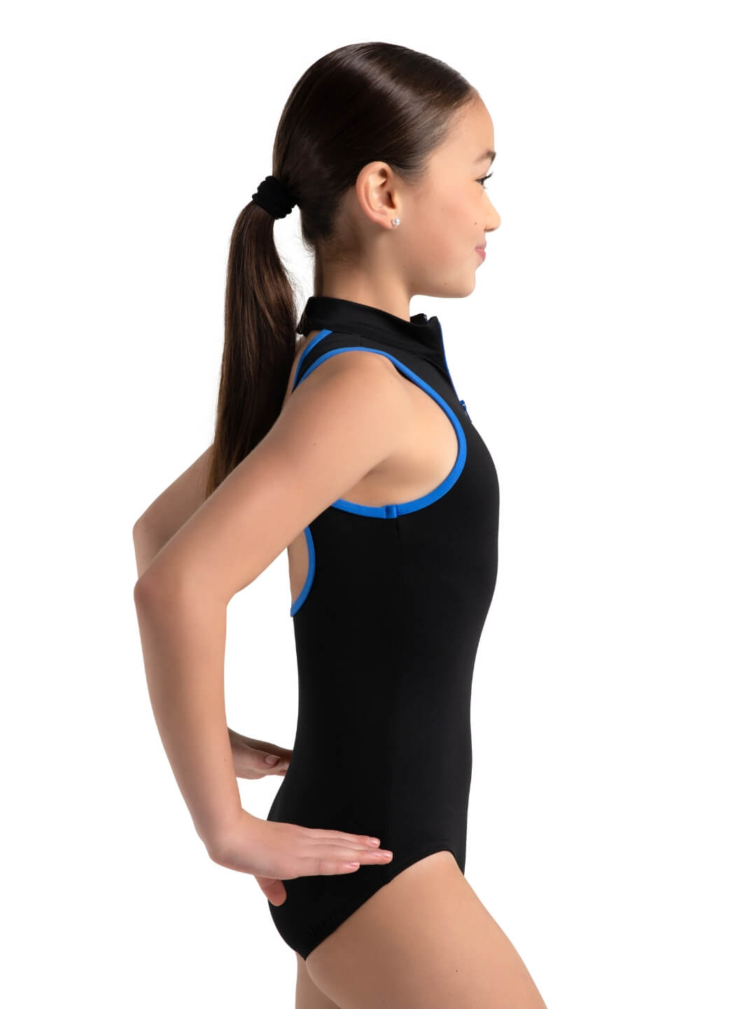Zip Front Leotard Black Royal side view