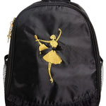 Black backpack with a gold ballerina design on a white background