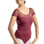 Mesh Cap Sleeve Leotard Burgundy front view