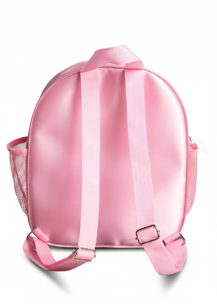 Capezio satin quilted dance backpack in Pink, back view showing smooth pink satin panel, padded adjustable shoulder straps, silver buckle hardware, and pink mesh side pocket