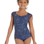 Daisy Cap Sleeve Leotard Outline Floral Blue front view