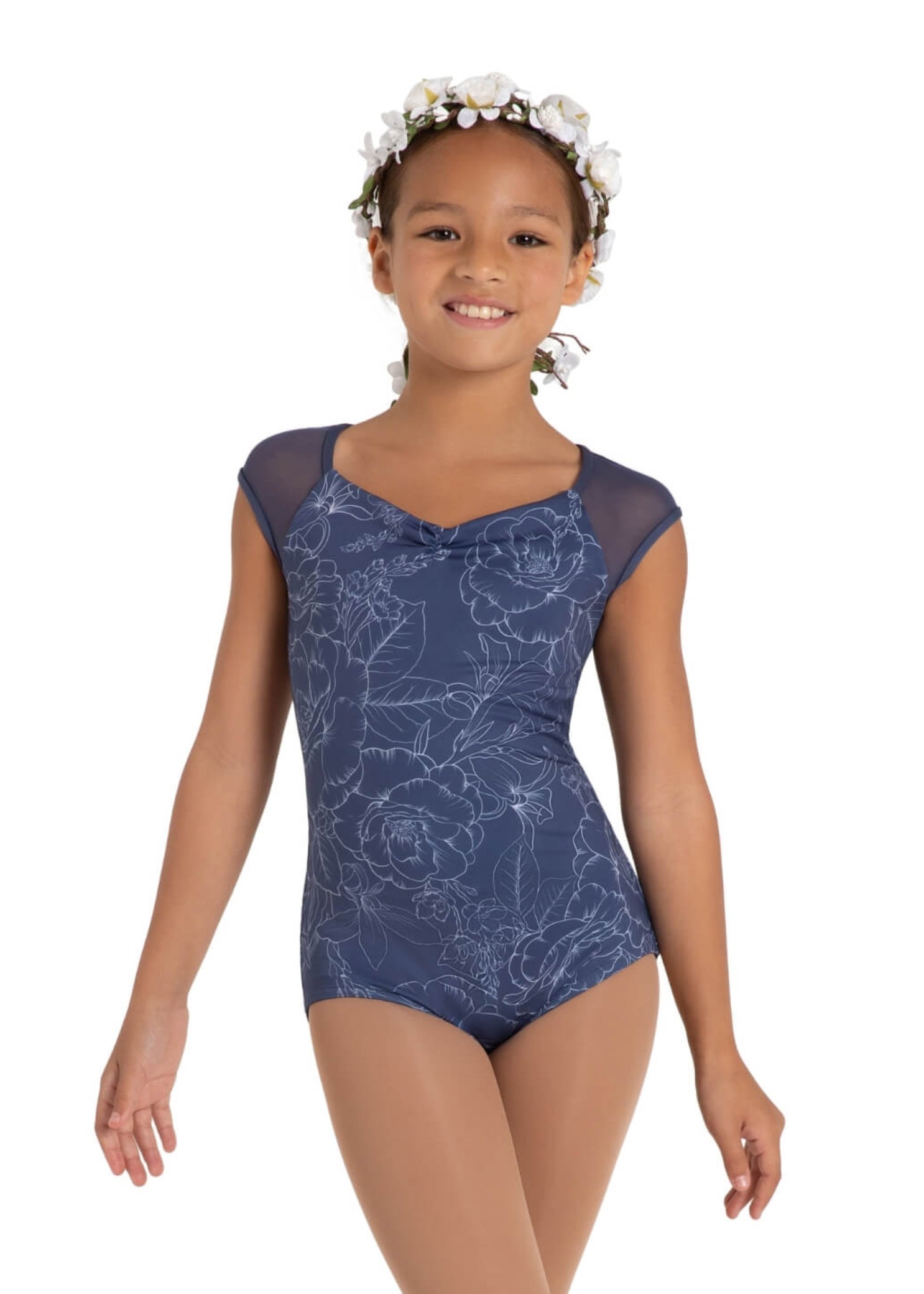Daisy Cap Sleeve Leotard Outline Floral Blue front view
