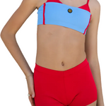Tate Top Cloud Blue & Hot Tomato or Micro Short Black front view