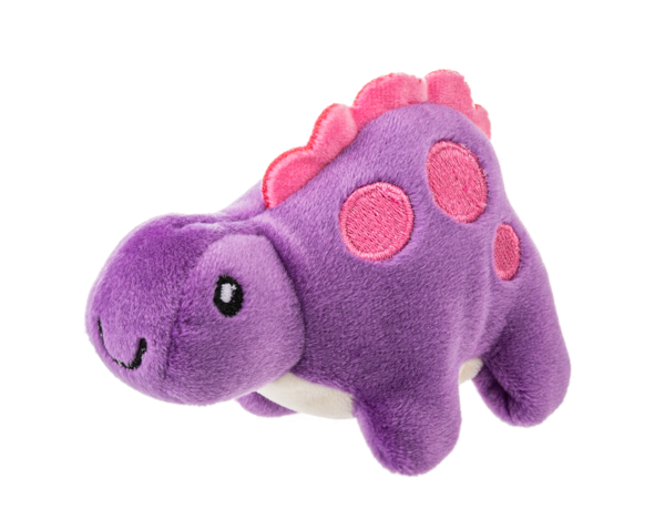 Purple 4-inch dinosaur stress squeeze toy with soft squeezable construction for on-the-go stress relief