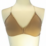 Pozewear V-Neck Padded Bra in Nude, front view showing padded dance bra with deep V-neckline and clear straps