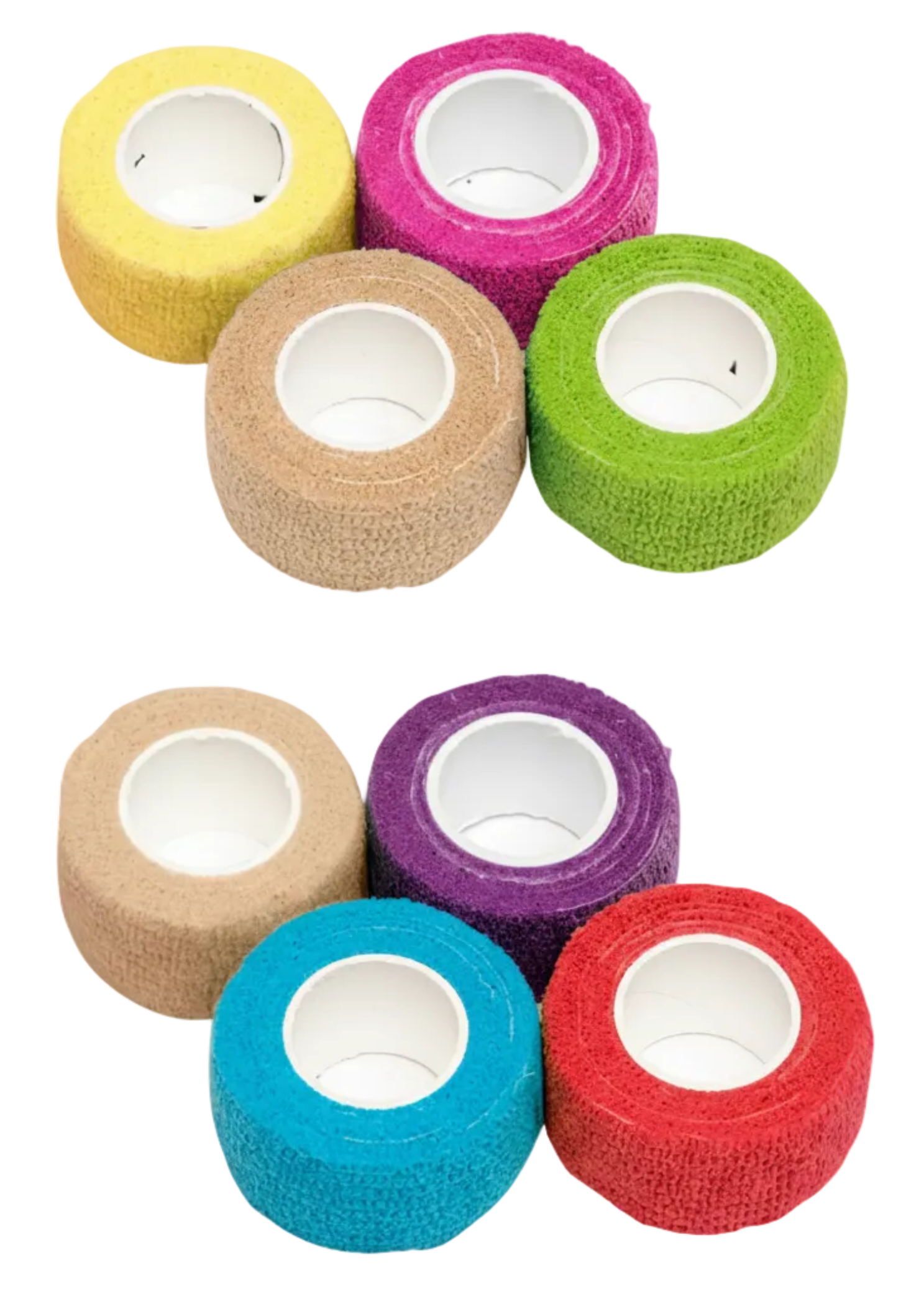 Capezio Adhesive Toe Tape, collection top view showing all colors of adhesive toe tape rolls on white background