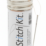 Capezio Stitch Kit, front view showing clear canister with needle and thread for sewing pointe shoe ribbons