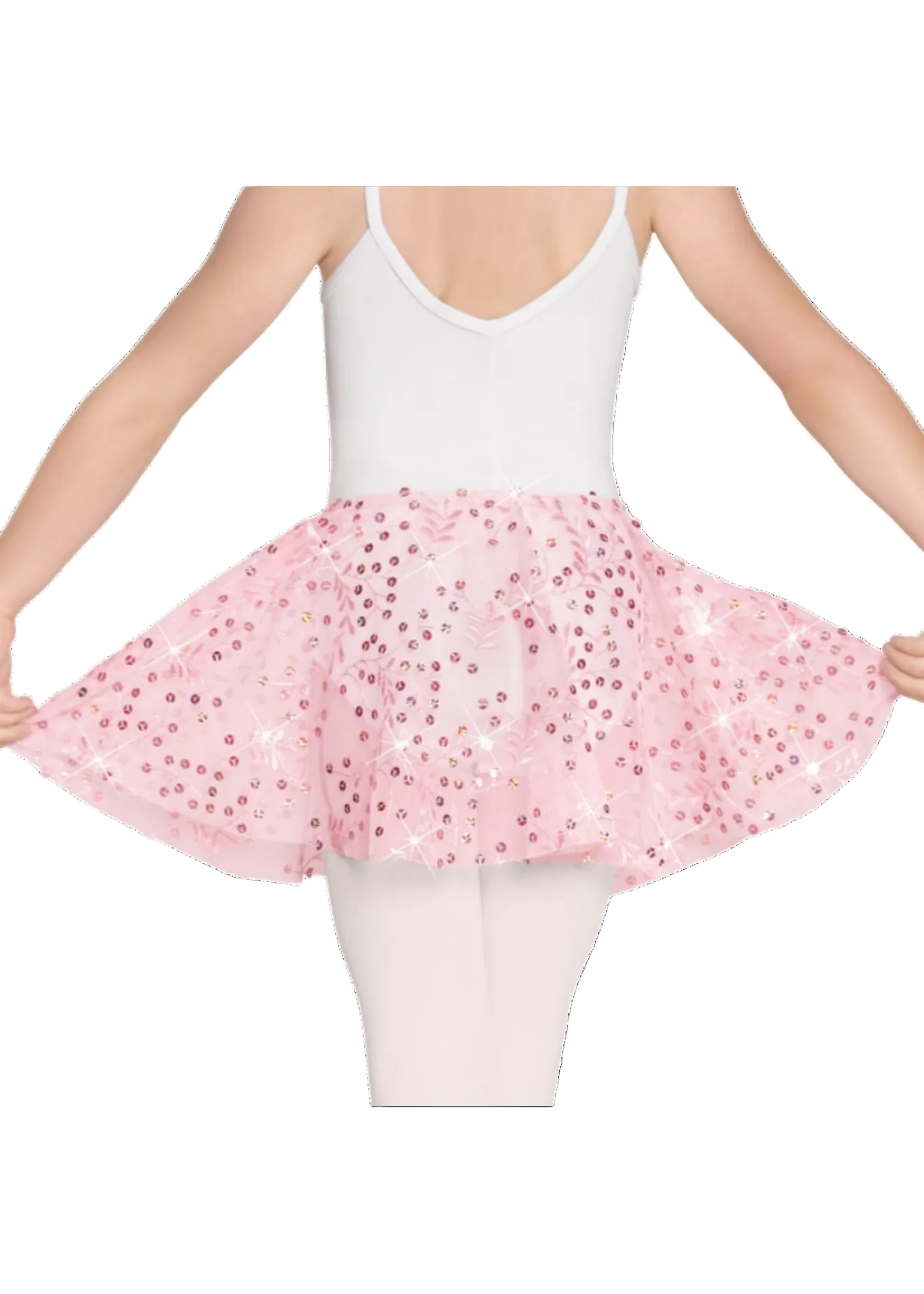 Eurotard Sequin Mesh Skirt in Pink, back view showing sequin-scattered mesh overlay and circle-cut flared hem