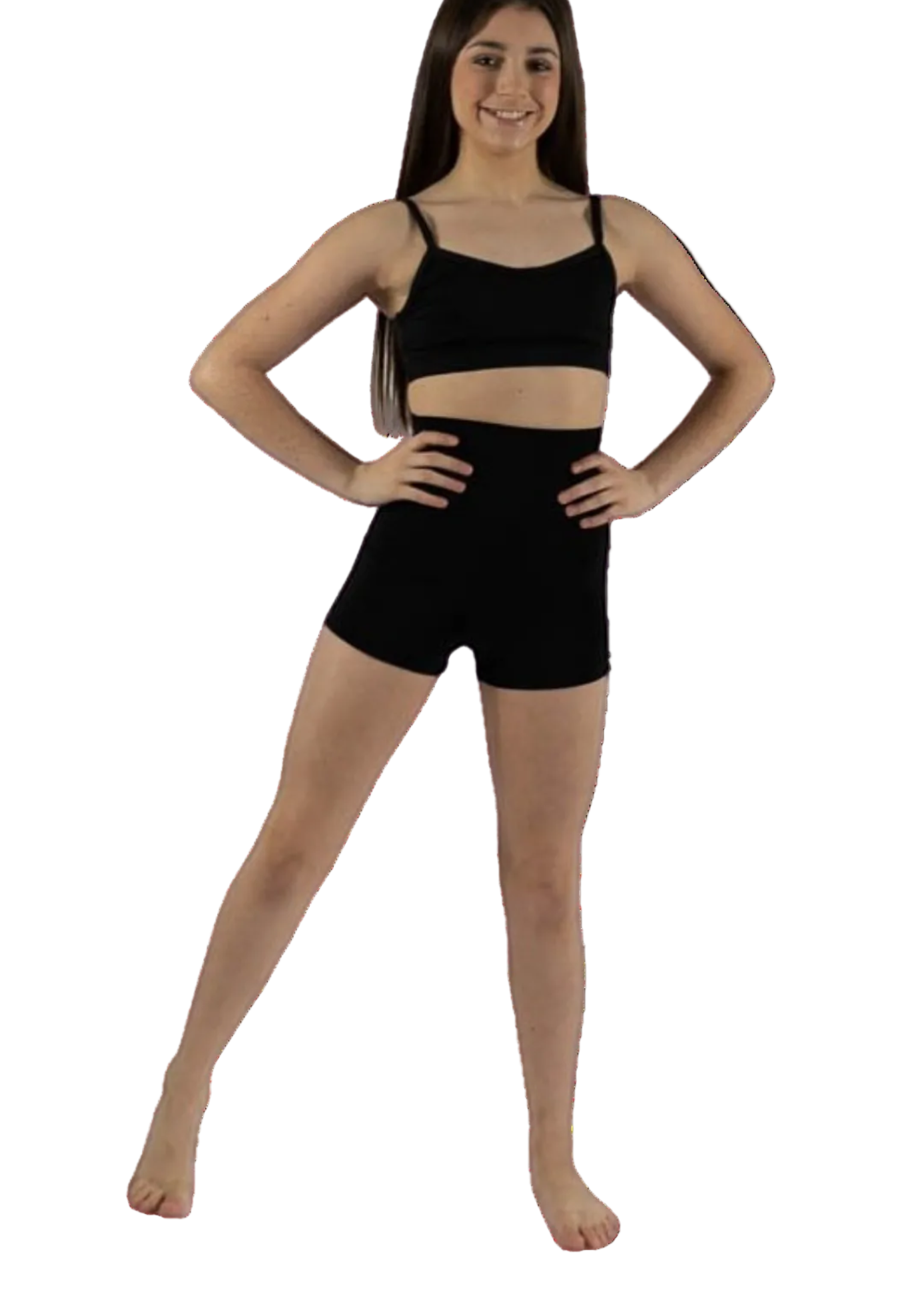 Capezio High Waist Short in Black, front view showing wide high-waist waistband and boy-short cut
