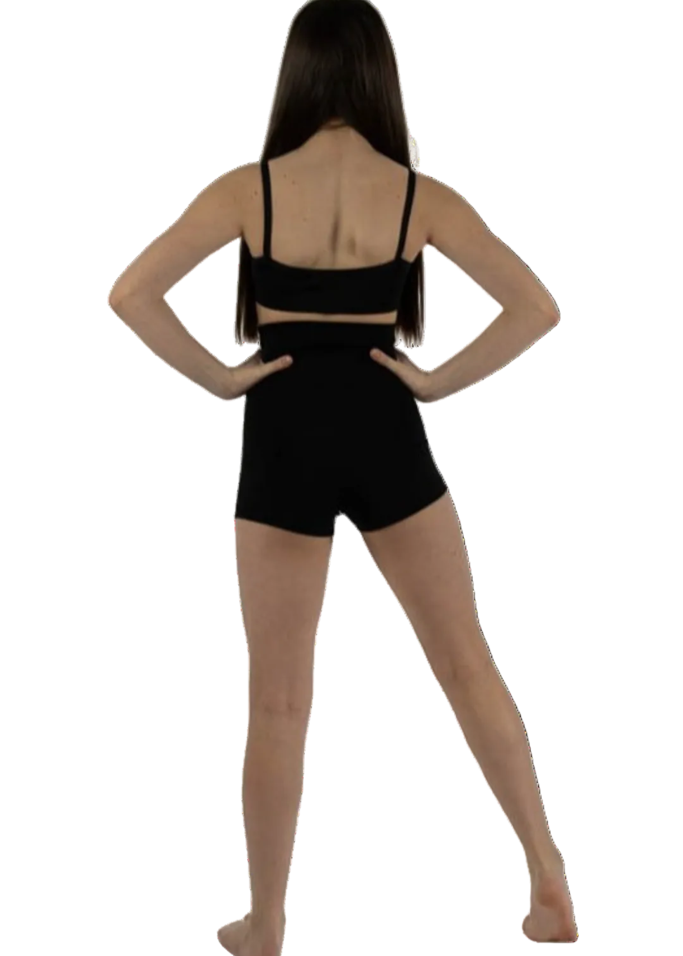 Capezio High Waist Short in Black, back view showing wide high-waist waistband and boy-short cut