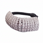 FH2 child size rhinestone ponytail holder, front view showing silver-tone curved contoured bar fully paved with clear crystal rhinestones in a 5-row grid on black elastic band