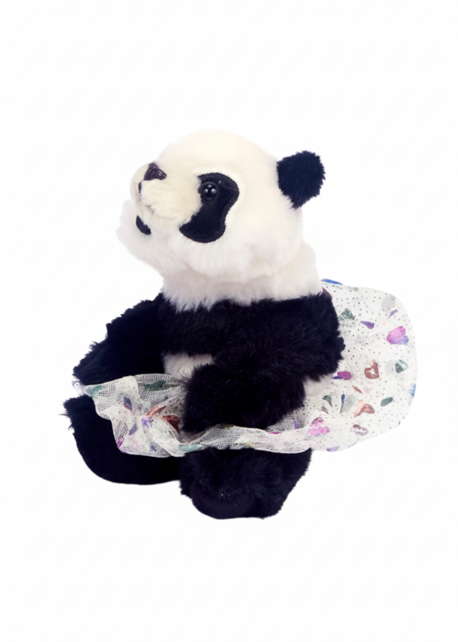Mini plush panda with soft brown fur and colorful tutu