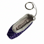 Mini pointe shoe keychain with purple polka dot pattern and durable key ring