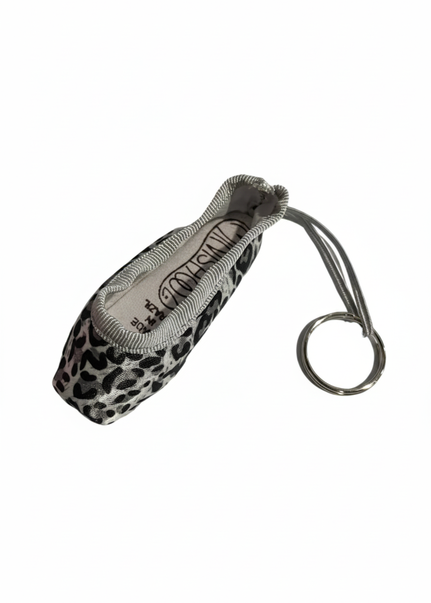 Mini pointe shoe keychain with leopard print pattern and durable key ring