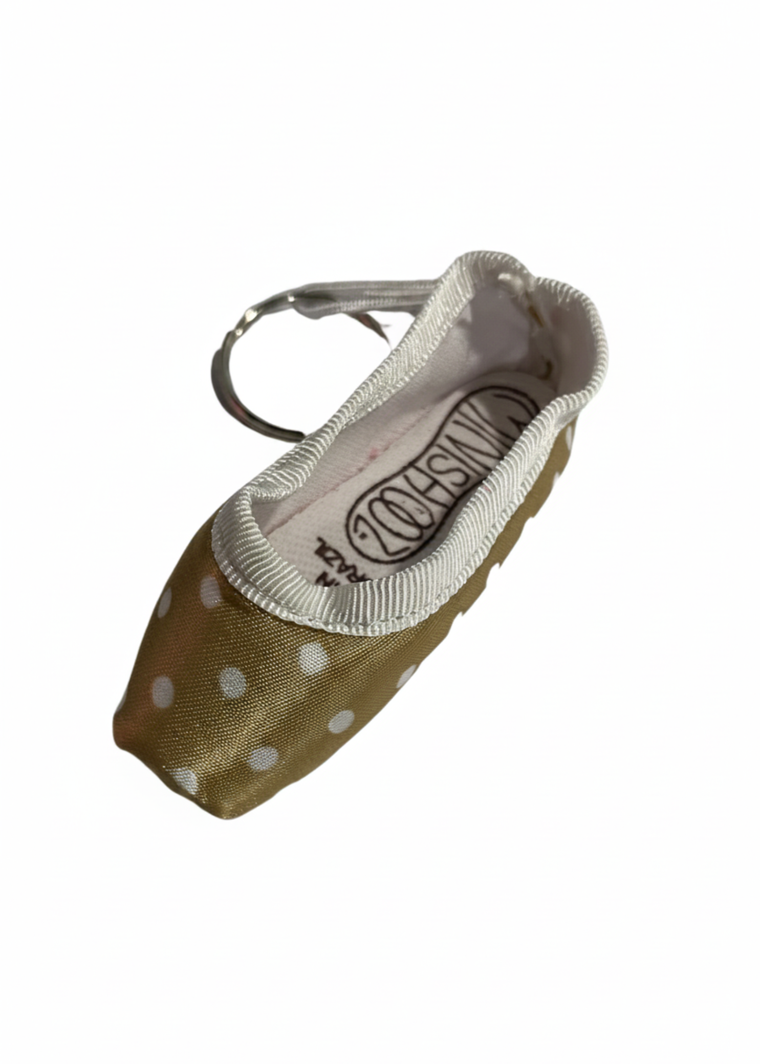 Mini pointe shoe keychain with gold polka dot pattern and durable key ring