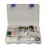 Dream Duffel accessory box in Clear, interior view showing open clear plastic organizer with purple latches and compartments