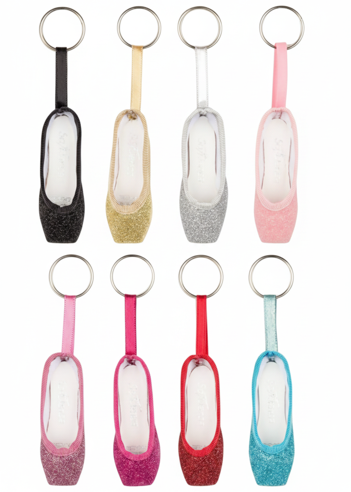 Mini pointe shoe keychain with glitter accents and lightweight design