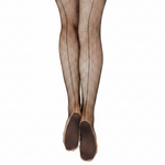 Capezio Professional Seamed Fishnet Tight in Black, back view showing fishnet weave with center back seam and footed