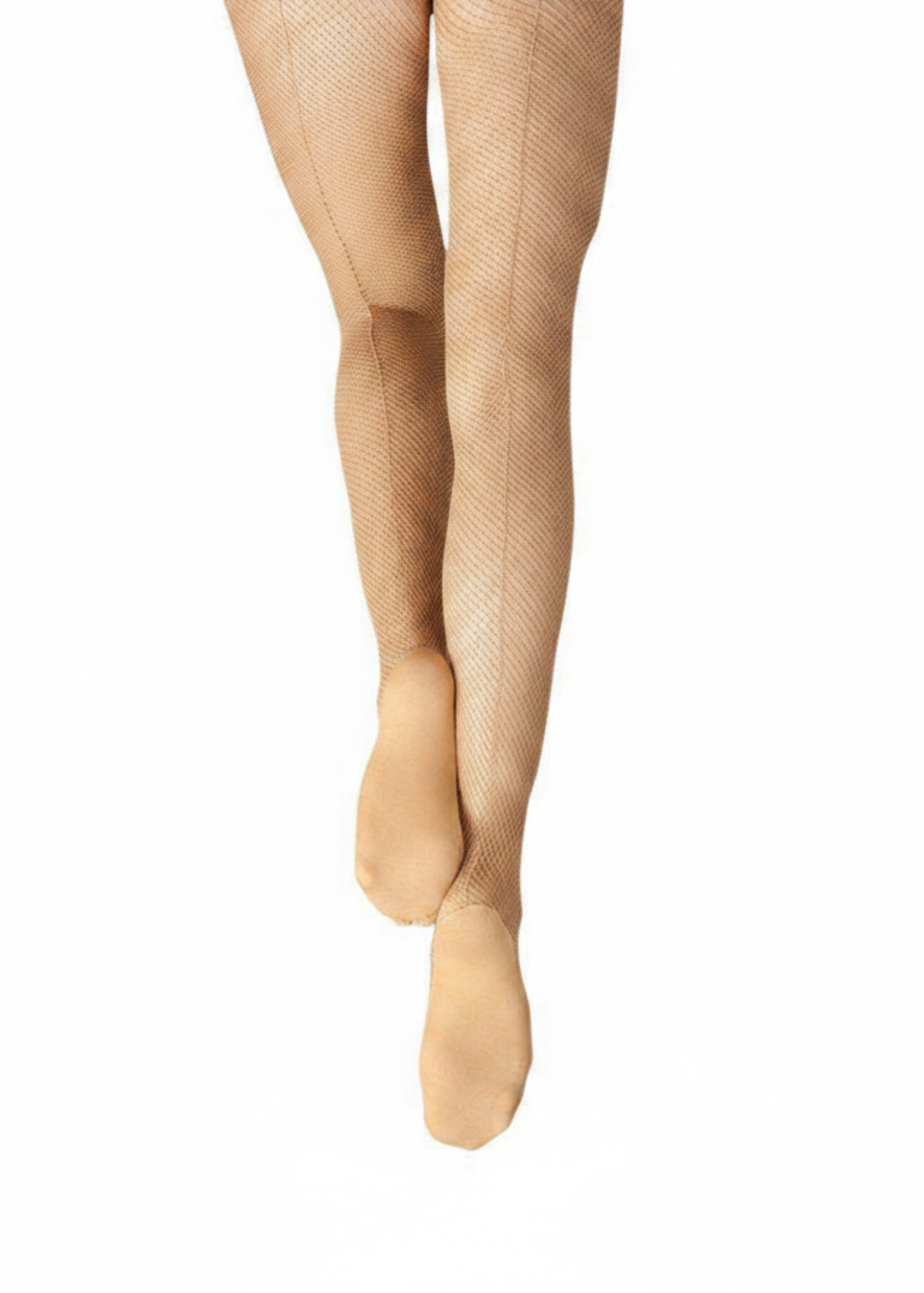 Capezio Professional Seamed Fishnet Tight in Caramel, back view showing fishnet weave with center back seam and footed
